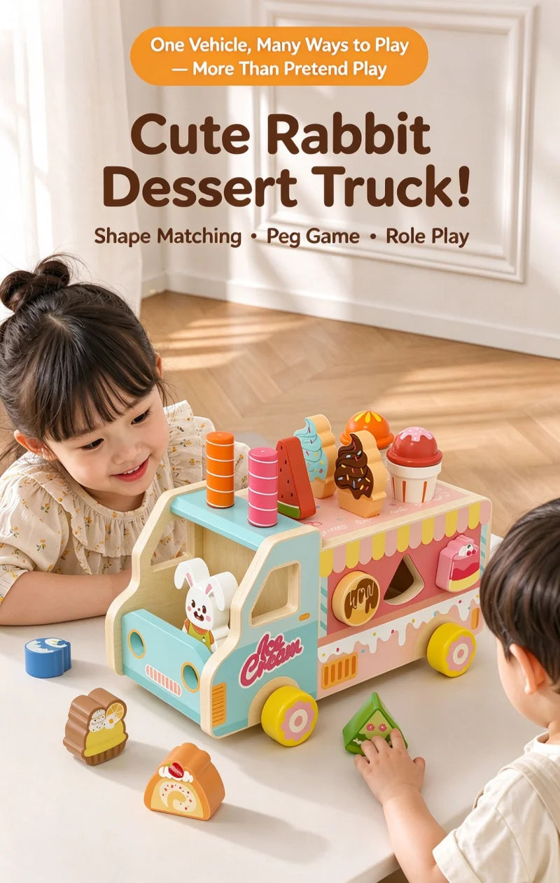Wooden Rabbit Ice Cream Truck Shape Sorter and Pretend Play Toy