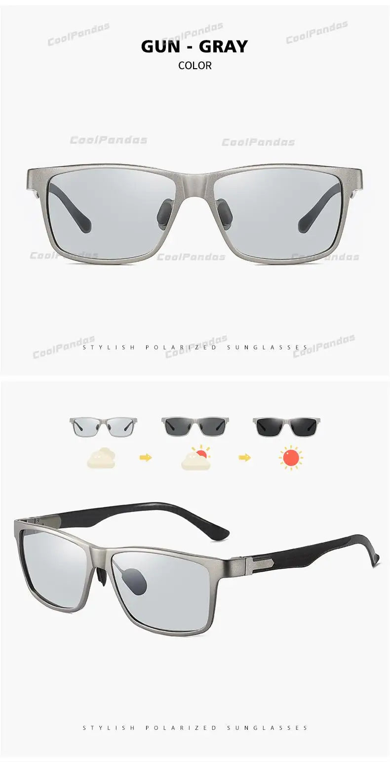 Carbon Fiber Square Photochromic Polarized UV400 Day Night Driving Sunglasses for Men Women