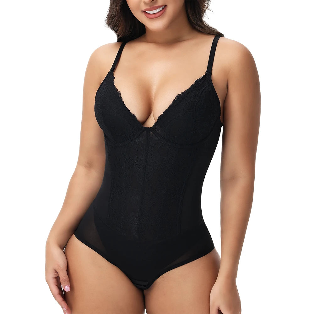 Lace Bodysuit for Women – V-Neck Backless Tummy Control Shapewear