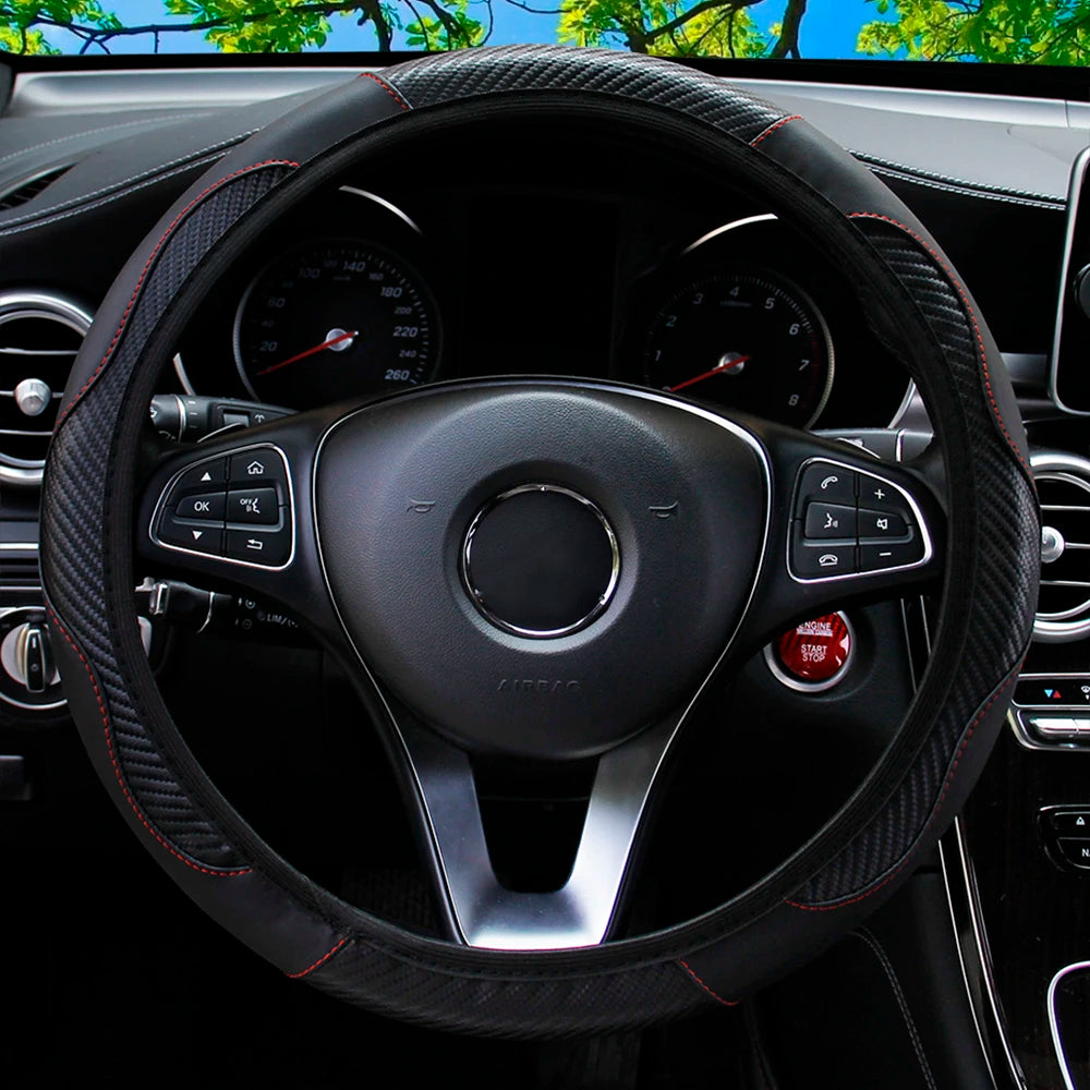 PU Carbon Fiber Leather Car Steering Wheel Cover 37CM 38CM