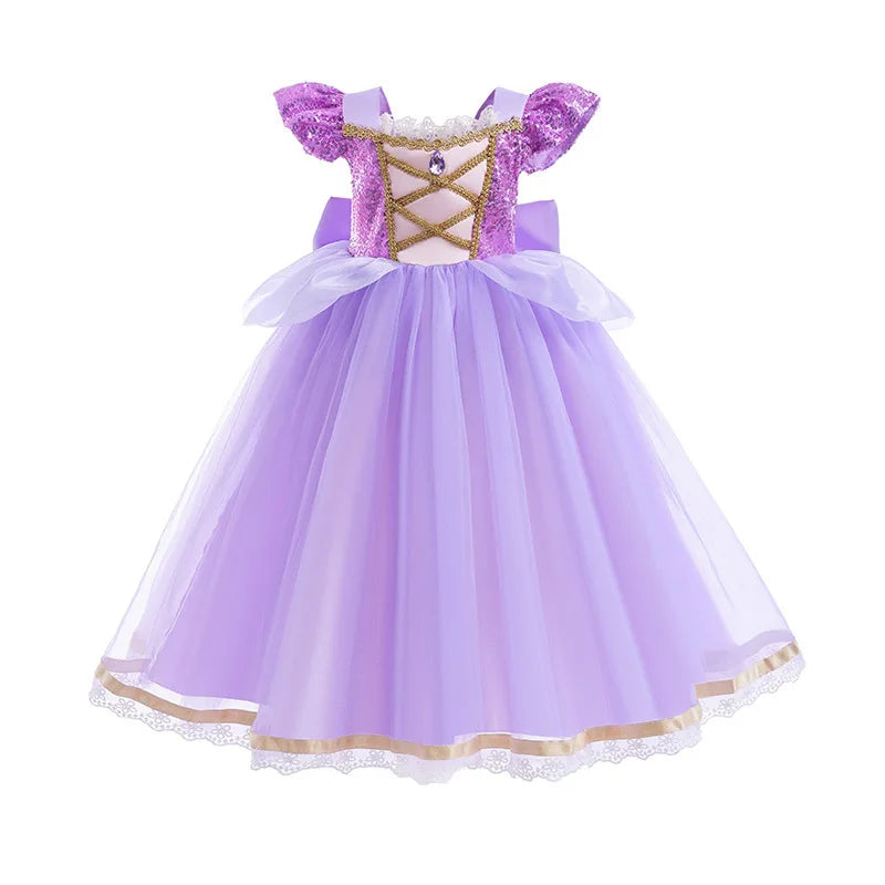 Purple Puff Sleeve Princess Ball Gown with Lace and Sequins