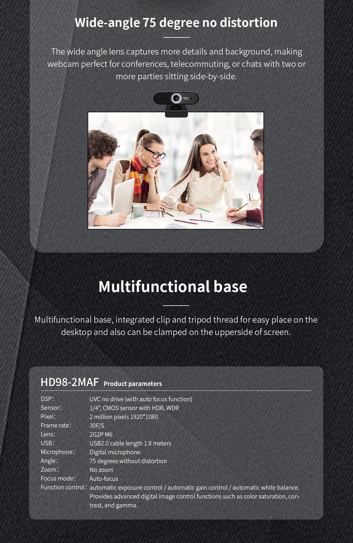 Webcam 2MP 1080P HDR Built-in Microphone 30fps Auto-focus USB Web Cam for Video Conference Online Teaching Boardcast Camera