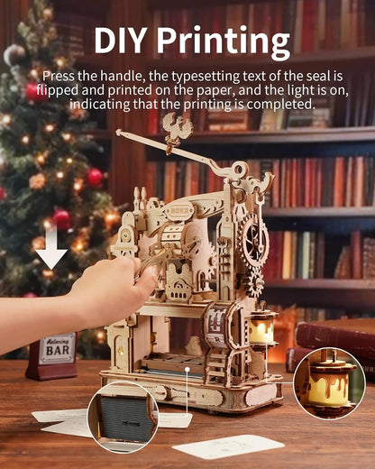 3D Wooden Puzzle Model Kits Classic Printing Press Mechanical Gears