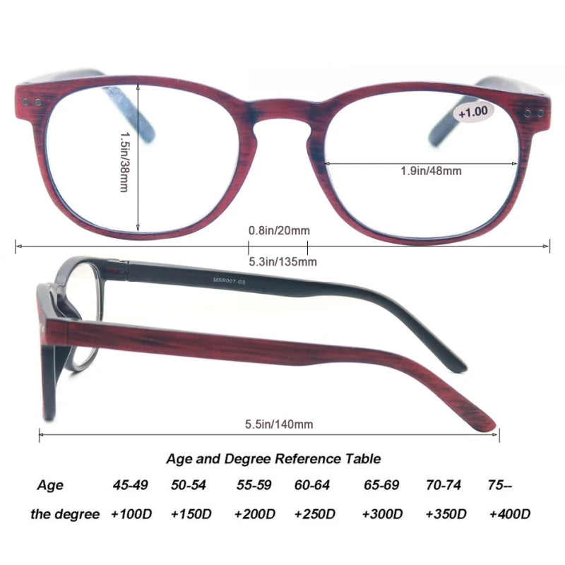 Wood Look Reading Glasses Round Sun Readers Eyeglasses Frame Vintage Spring Hinge with Diopter +0.5 to +5.0