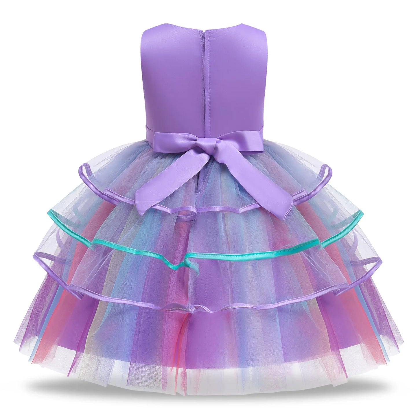 Rainbow Unicorn Princess Dress with Bow and Tulle Skirt Birthday Party Costume