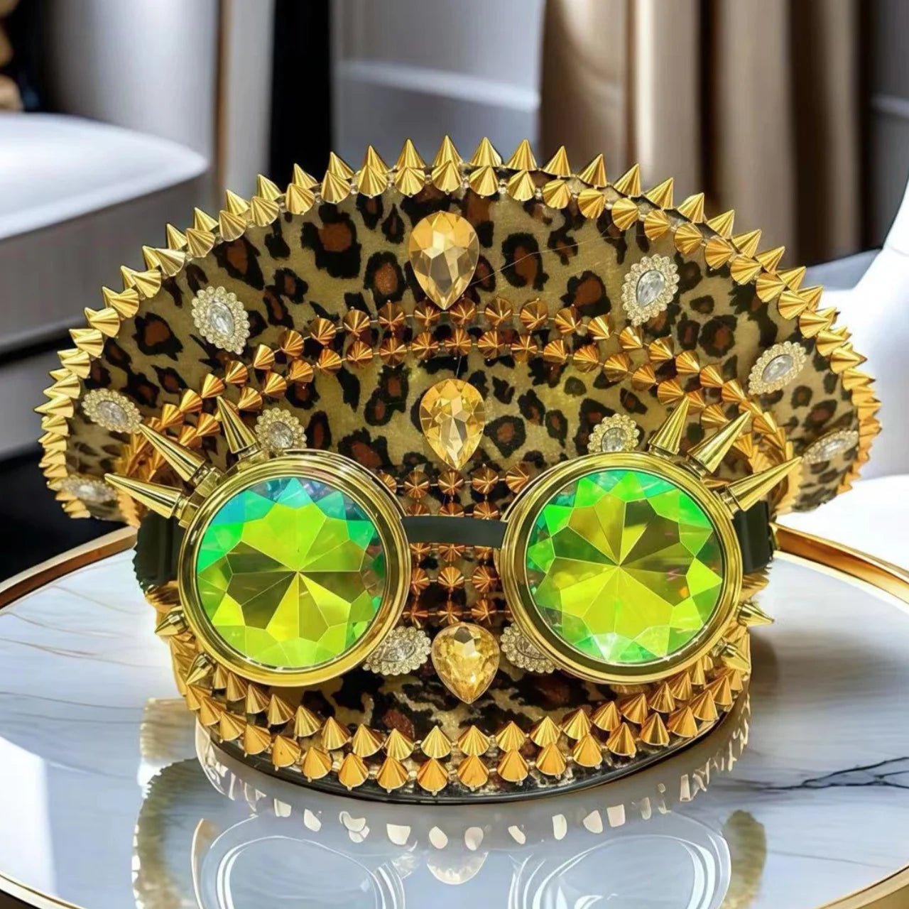 Leopard Print Steampunk Captain Hat Punk Goggles Gold Music Festival Masquerade Military Cap Costume Cosplay Accessor Unisex