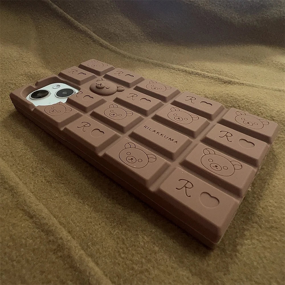 Cute Creative 3D Cartoon Bear Chocolat  Phone Case For iPhone 16 15 14 13 Pro Max Plus Funny Gift Girl Soft Silicone Covere