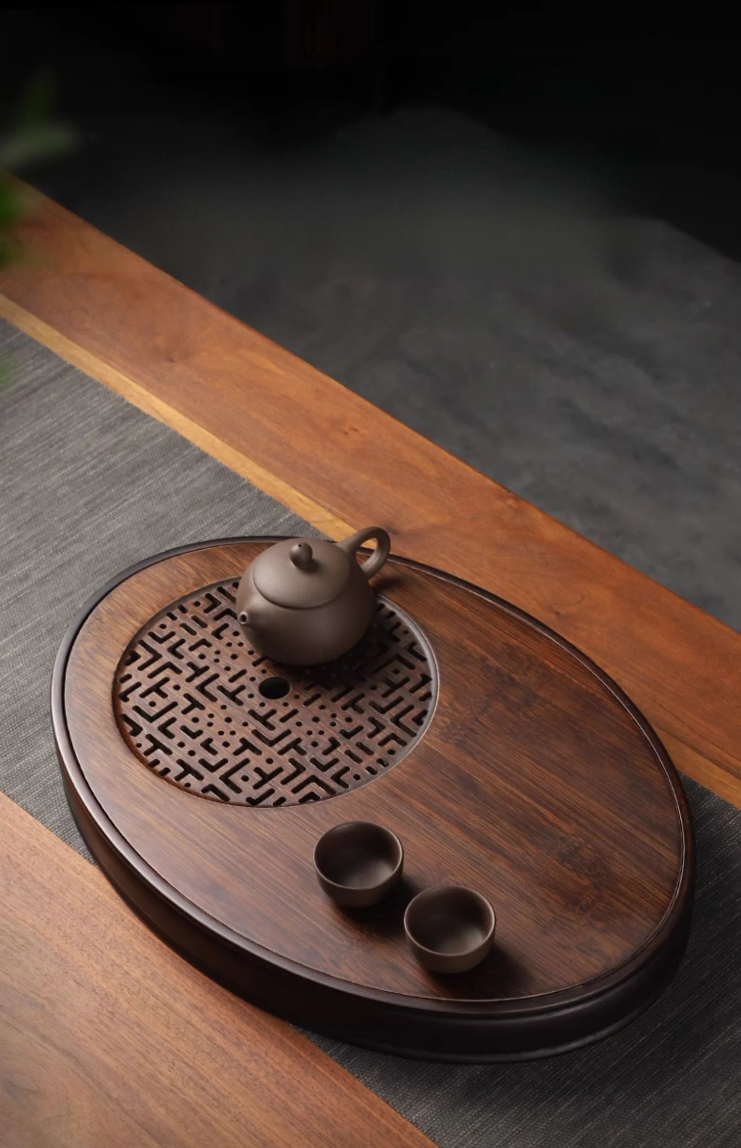 Chinese Tea Ceremony Culture Oval Tea Tray Natural Bamboo Hollow Drainage Storage Tea Tray Home Solid Wood Storage Tray