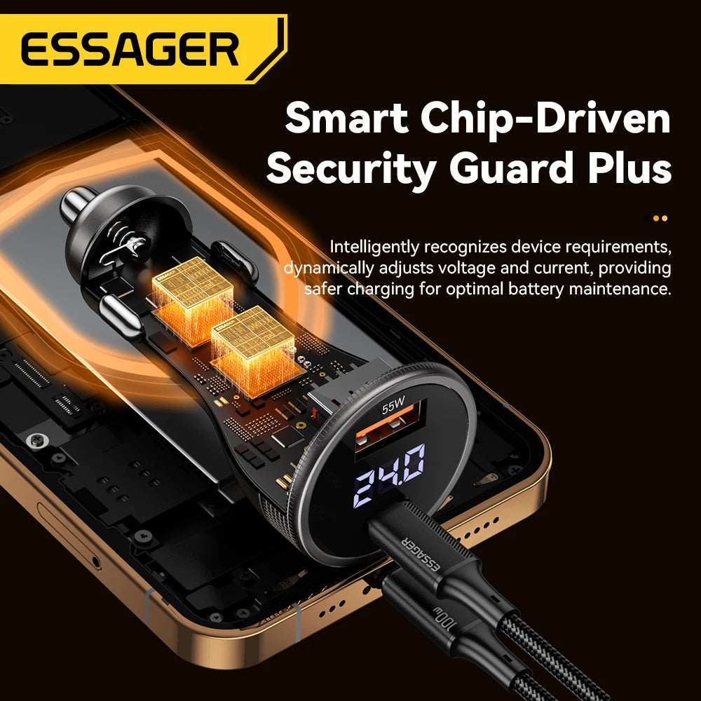 100W USB C Car Charger PD 3.0 QC 4.0 Fast Charging Dual Port Type C + USB Adapter