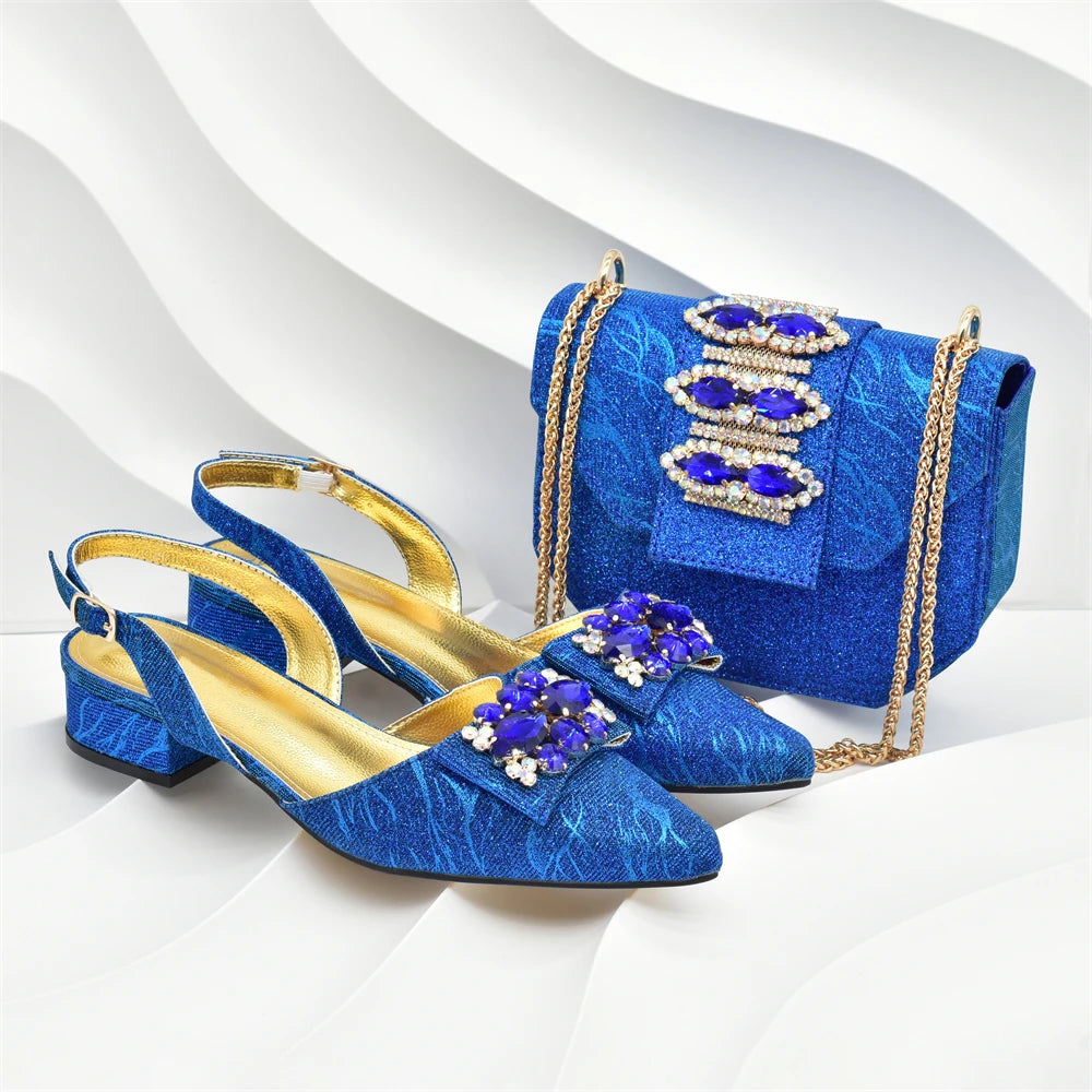 Women Shoes and Bags To Match Set Italy Lady Crystal Low Heels Pointed Toe Party Shoe and Bag African Women Ladies Wedding Pumps