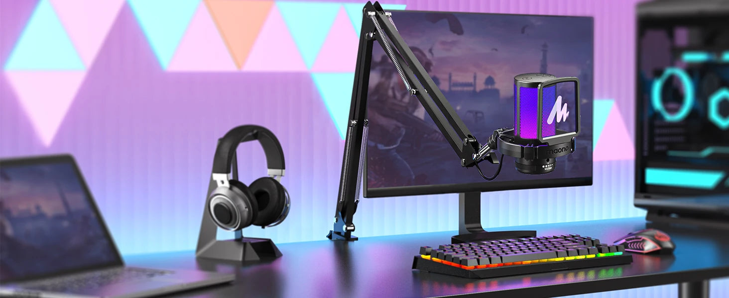 DGM20S USB Microphone Gaming Mic Condenser Mic RGB Mic Noise Canceling Mic with Mic Gain,RGB Light,One key mute