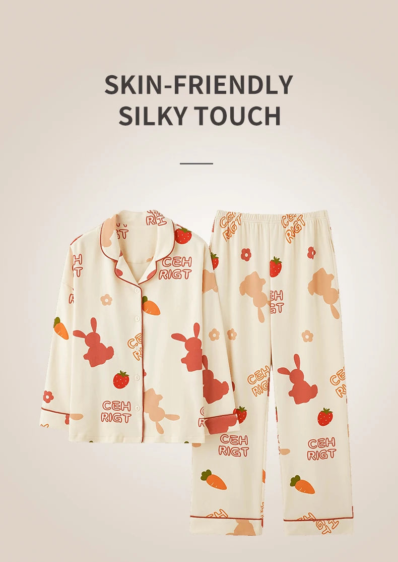 Women’s Winter 100% Cotton Pajama Set – Loose Fit, Turn-Down Collar, Long Sleeves, Cute Pink