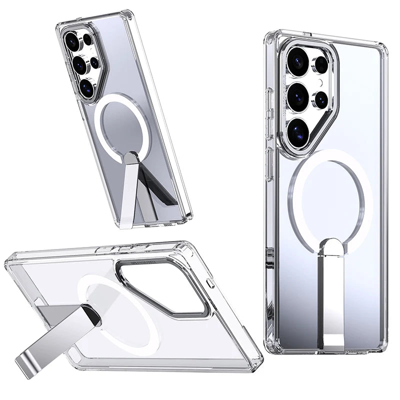 For Magsafe Metal Bracket Bumper Phone Case For Samsung S25 Ultra S23 S24 Ultra Plus FE Soft TPU Border Hard PC Back Cover