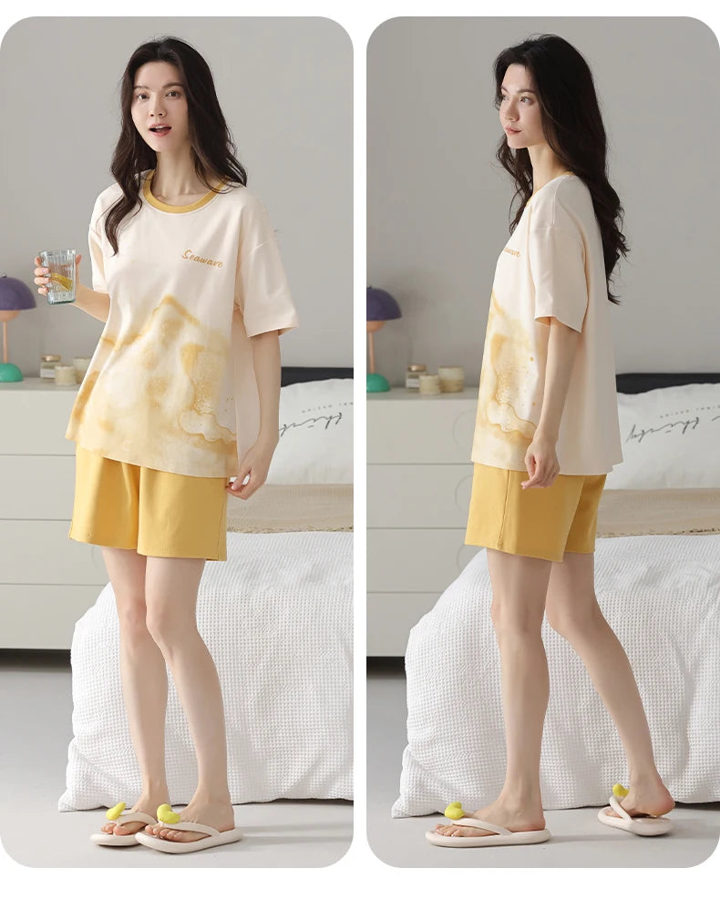 2-Pcs Women’s Cotton Pajama Set – Breathable Short Sleeve Summer Sleepwear with Cute Prints