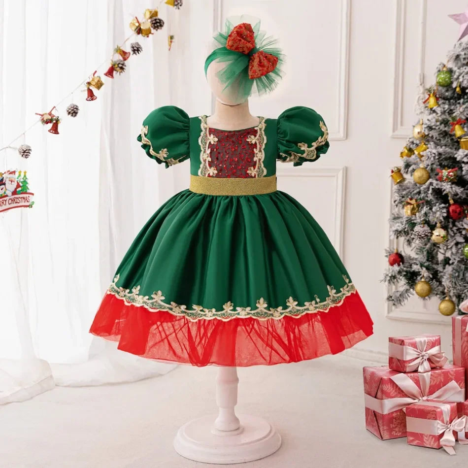 2Pcs Luxury Sequined Princess Christmas Dress for Girls Xmas Children's Cake Tiered Gala Formal Occasion Elegant Party Dresses