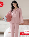 Women’s Winter 100% Cotton Pajama Set – Loose Fit, Turn-Down Collar, Long Sleeves, Cute Pink