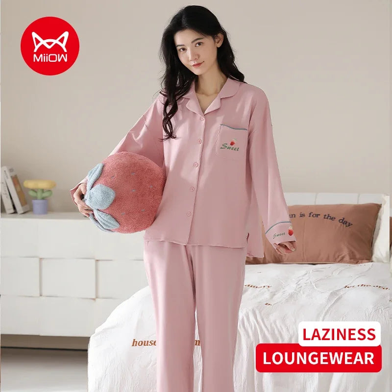 Women’s Winter 100% Cotton Pajama Set – Loose Fit, Turn-Down Collar, Long Sleeves, Cute Pink