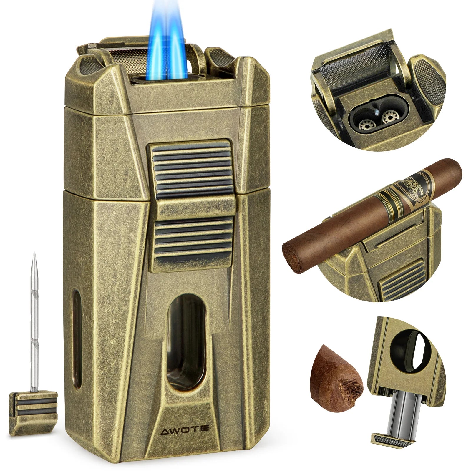 Cigar Lighter with Double Jet Flame, Refillable Cigar Torch Lighter with Cigar Holder, V-Cigar Cutter, Cigar Draw Enhancer