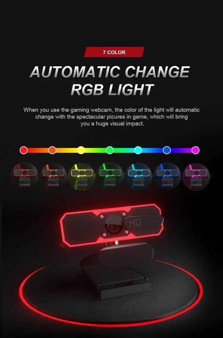 1080P Gaming Webcam 60FPS Autofocus Fill Light Camera Privacy Cover 7 Colors RGB Fill Light Stereo for Laptop Live Streaming