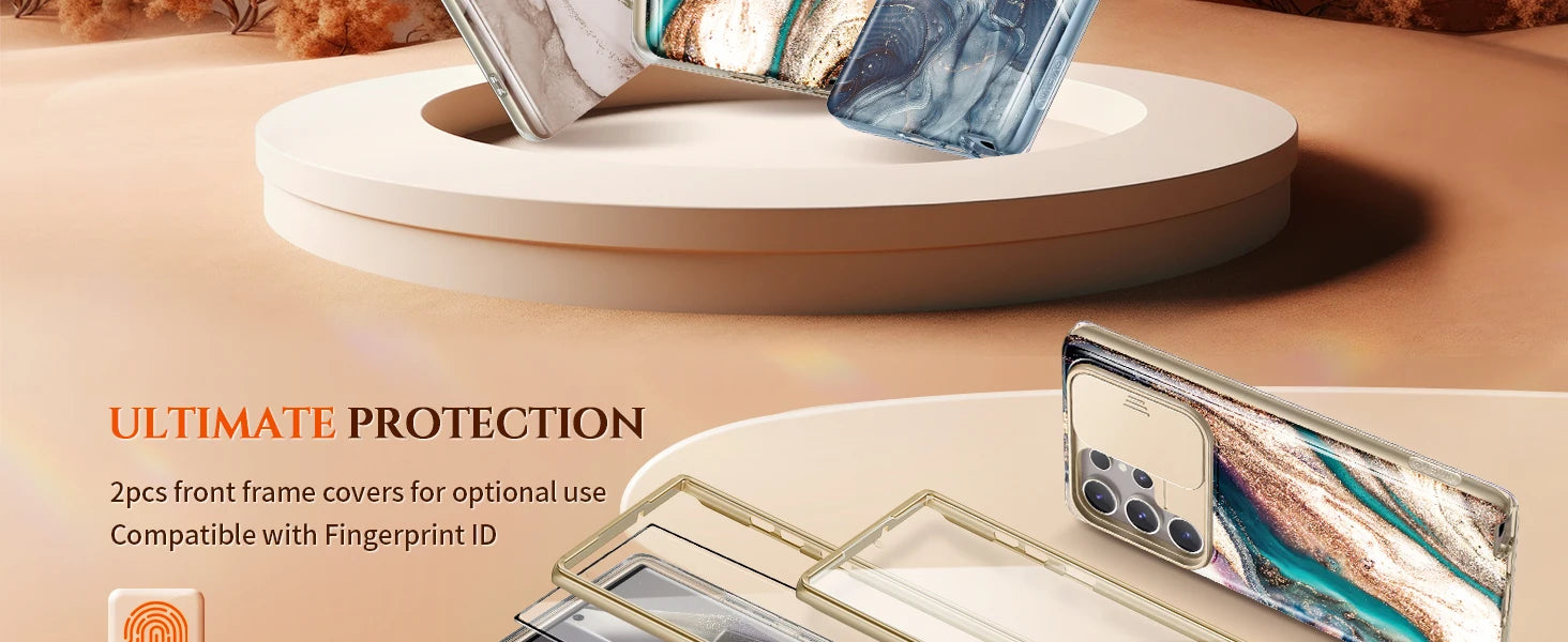 For Samsung Galaxy S24 Ultra Case with 2 Front Frames Slide Camera Lens Protection Heavy Duty Shockproof Marble Phone Case Cover