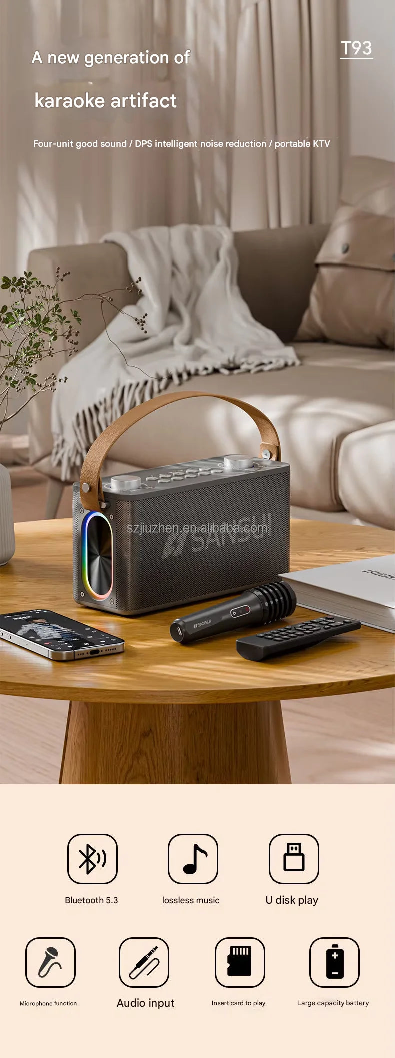 SANSUI T93 60W powerful stereo party speaker outdoor portable karaoke sound system wireless Bluetooth with microphone TF/AUX/USB