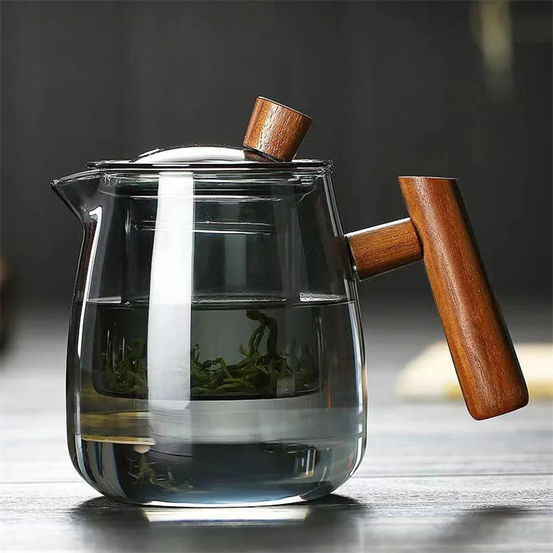 480ml Heat Resistant Glass Teapot with Wood Handle and Infuser