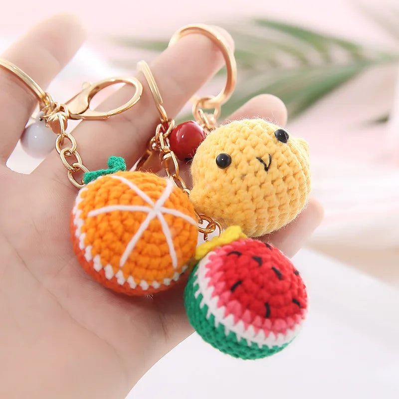 5 Pcs Handmade Weaving Keychain Wool Crochet Unique Knitted Pendant Keyring Strawberry Watermelon Orange Pendant Key Chain Gifts