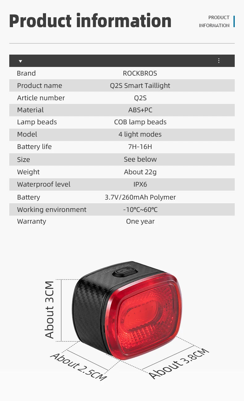 Smart Bicycle Brake Light IPx6 Taillight Type-C Bike Tail Rear Light Auto Stop LED Riding Warning Cycling Light