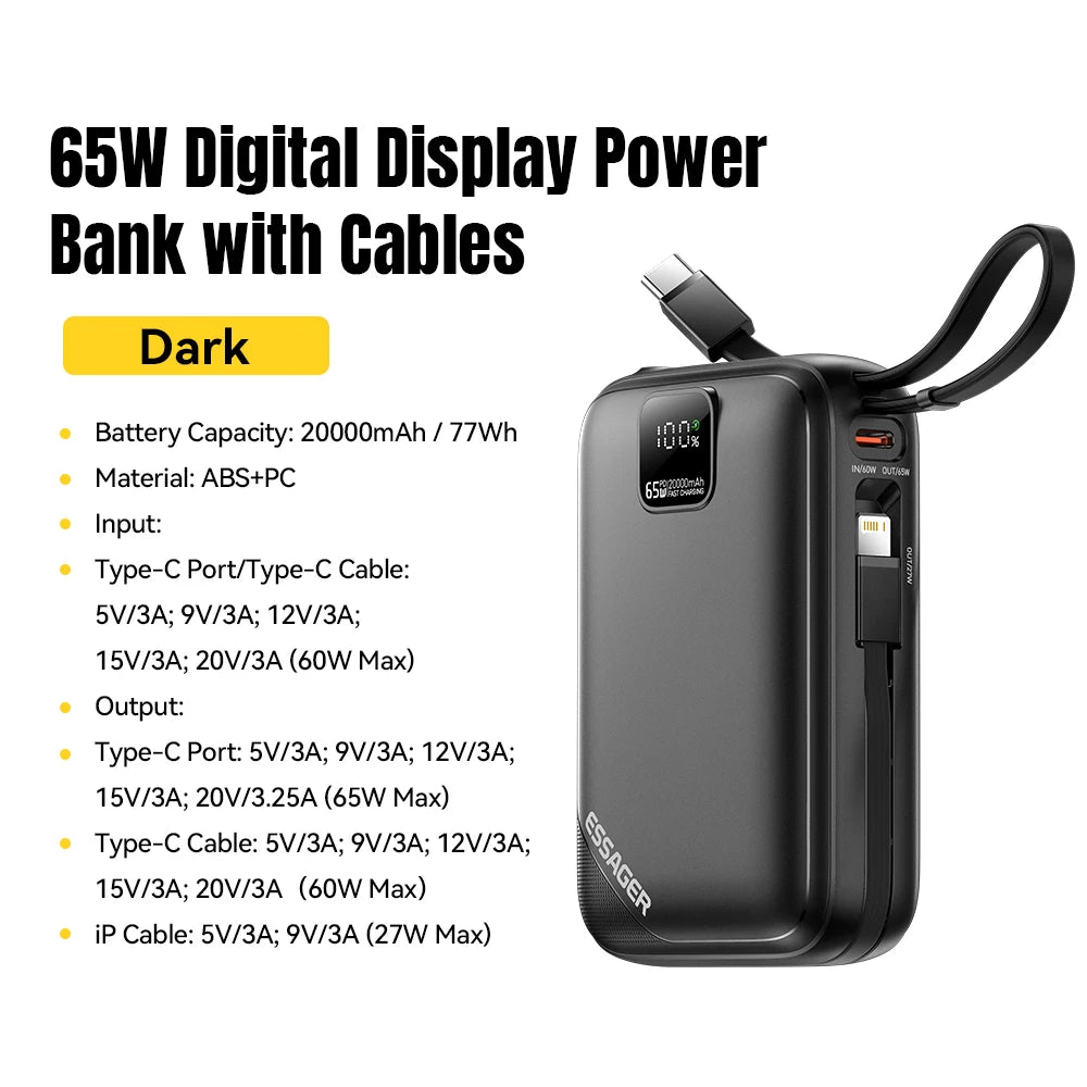 20000mAh 65W Power Bank PD Fast Charging USB-C Portable Charger with Built-in Cables & Digital Display