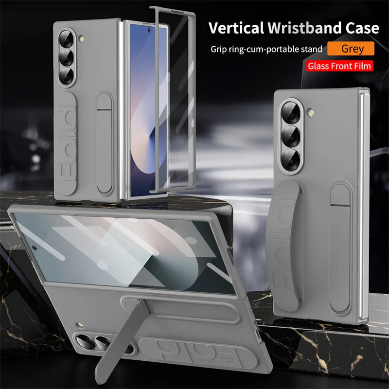 Wristband Foldable Stand Funda for Samsung Galaxy Z Fold 6 4 5 3 Fold5 5G Case Front Glass Lens Protection PC Plastic Cover Capa