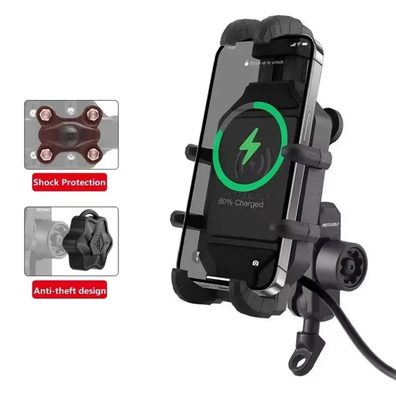 Anti-Thief Motorcycle Bike Mobile Phone Holder Fast 15W Wireless Charging Charger Cycling Mirror Stand Handlebar Mount