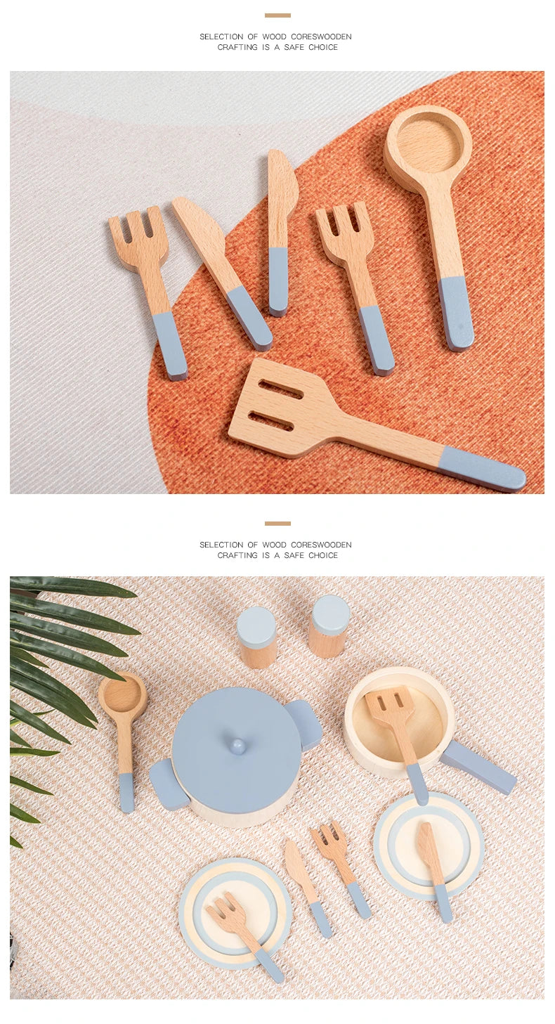 Wooden Pretend Play Kitchen Set with Pots Pans and Utensils