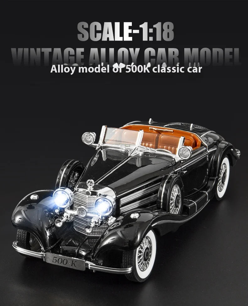 Diecast 1/18 1936 500K Classic Car Alloy Metal Model Sound And Light Toy Collect Display Ornament