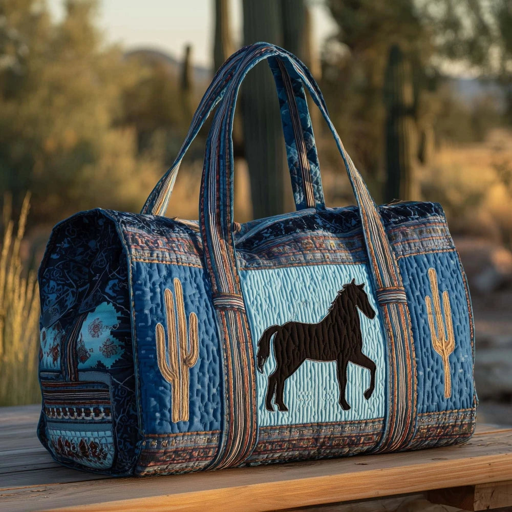Western Style 3D Quilted Tote Bag Running Horse Cactus Boho Print Travel Purse Handmade Shoulder Bag Large Capacity Carry-On Bag