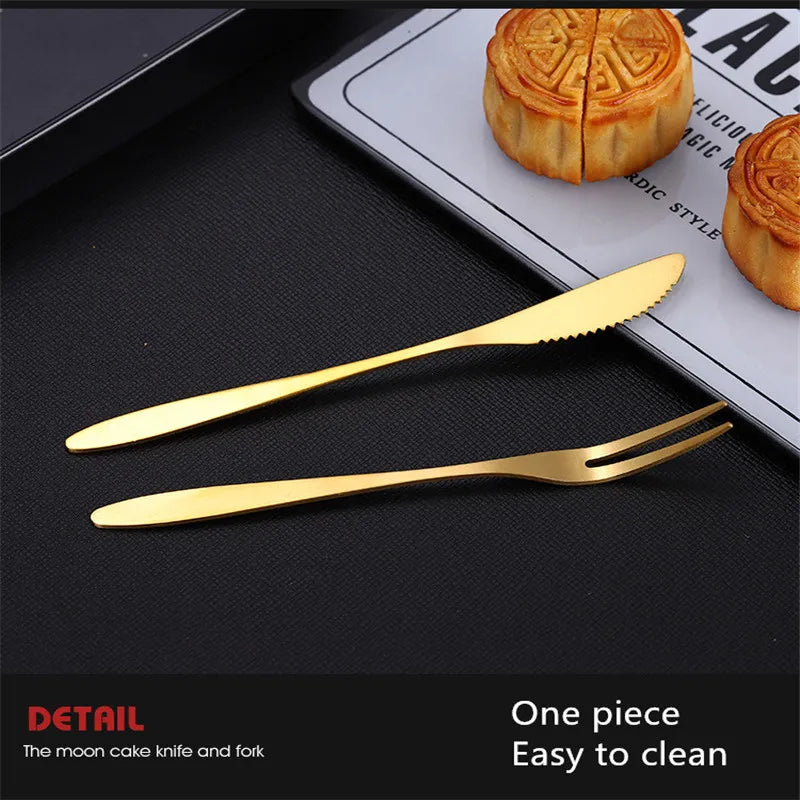 10pcs Stainless Steel Fruit Fork Small Toothpick Multifunctional Fruit Stick Gold Moon Cake Knife Food Picks Kitchen Accessories