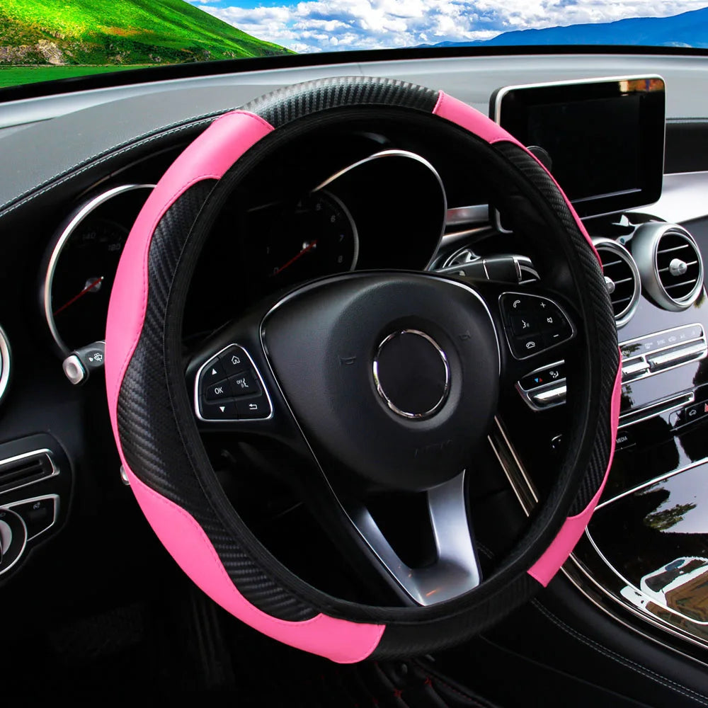 PU Carbon Fiber Leather Car Steering Wheel Cover 37CM 38CM