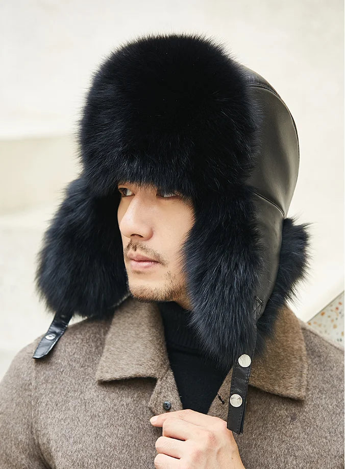 Fox Fur Cap Man Winter Genuine 100% Fur Bomber Hat Windproof Warm Earmuffs Male Flat Grey/Black Russian Hat Fitted Casquette