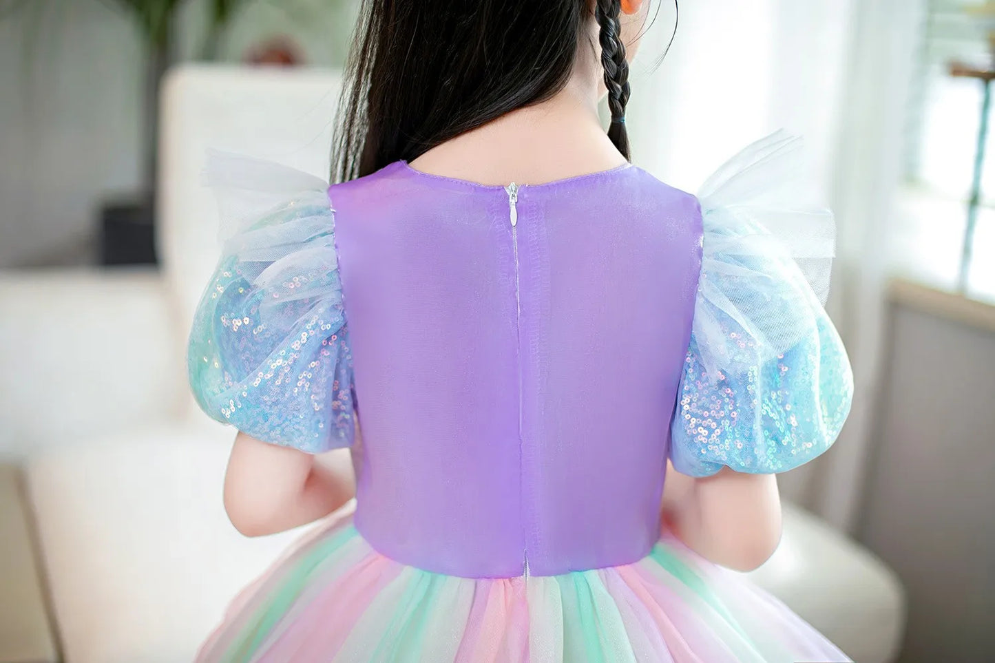 Rainbow Gradient Princess Ball Gown with Puff Bubble Sleeves