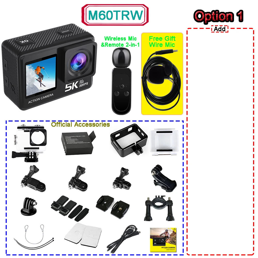 5K 4K60FPS Action Camera 50MP Dual Screen Touch Display WiFi EIS Waterproof Sports Camera with Wireless Microphone Support