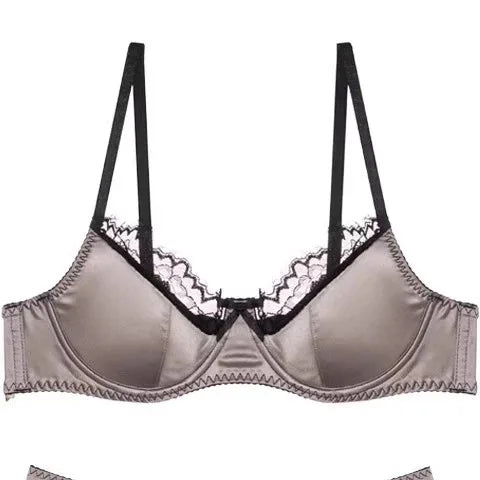 Womens Satin Patchwork Lace Underwire Push Up Bra Set