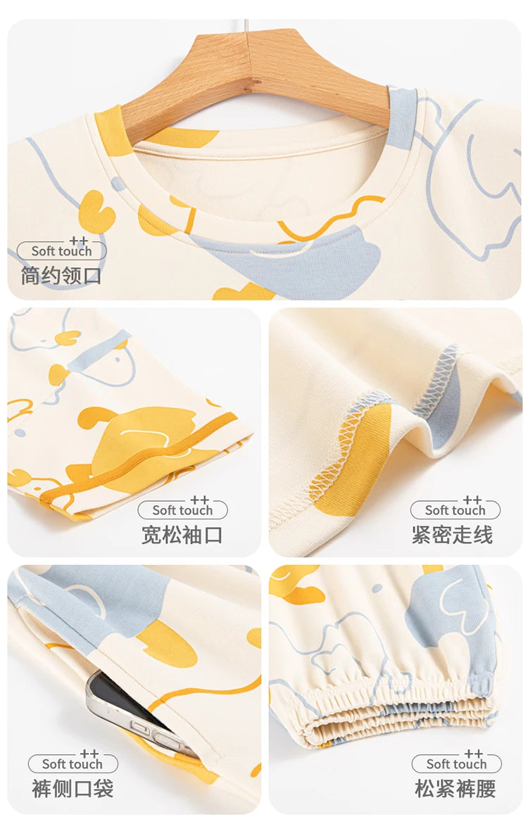 2-Pcs Women’s Summer Cotton Pajama Set – Breathable Short Sleeve Sleepwear with Cute Prints