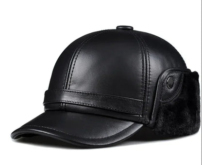 Winter Men's  Hat Thicken Leather Cowhide Baseball Caps With Ears Warm Snapback