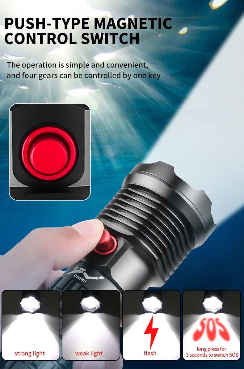 Rechargeable Diving Flashlight IPX8 Waterproof Underwater LED Torch Strong Light Dive Lamp