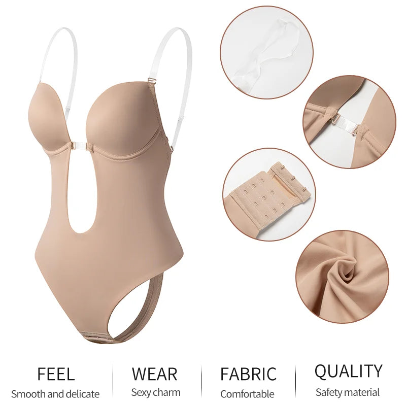 Women U Plunge Backless Bodysuit Shapewear – Deep V-Neck Tummy Control Body Shaper