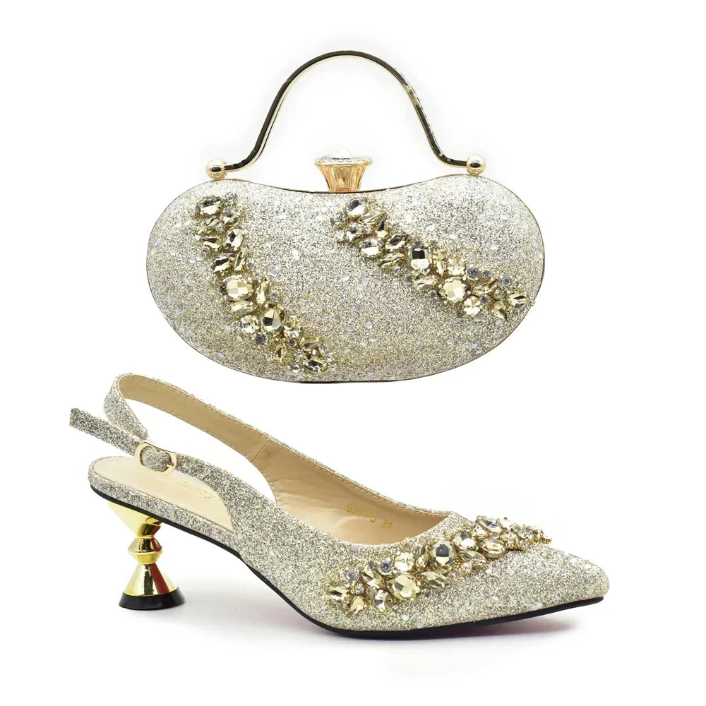 Nigeria Fashion Bag and Mid-Heel Pointed Shoes Girly Party Shoes and Bag Set Decorated with Rhinestone Wedding Shoes Bride
