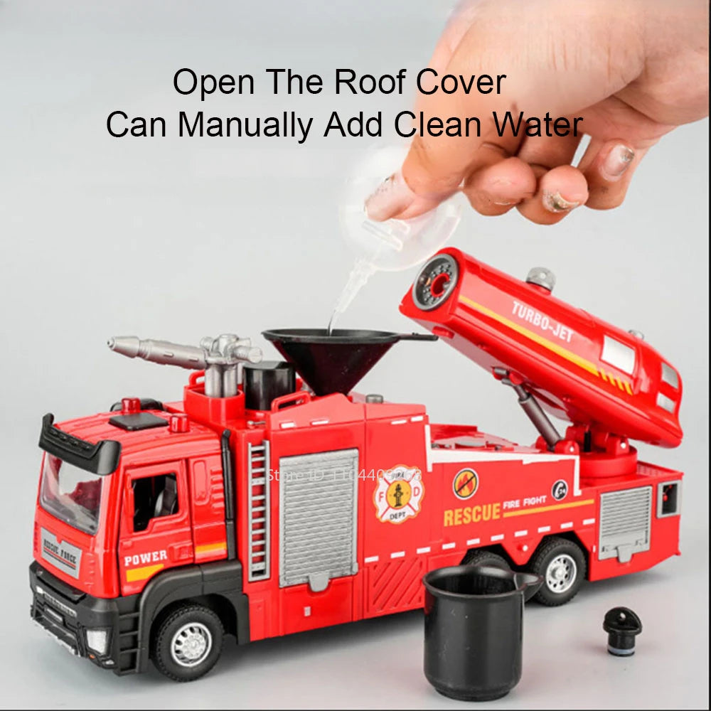 1:32 Water Spray Fog Fire Truck Model Sweeper Toy Car Sound Light Pull Back Doors Opened Vehicles Collection  Gifts