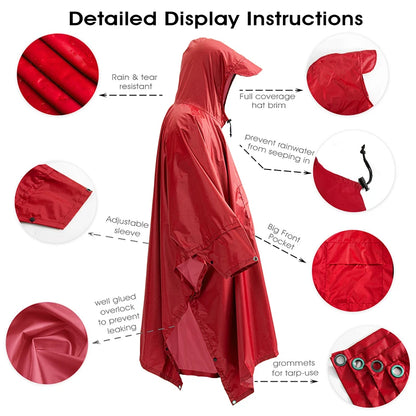 Multifunctional Hooded Rain Poncho for Adult with Pocket Waterproof Portable Unisex Raincoat Jacket for Hiking Camping Emergency