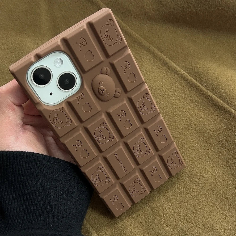 Cute Creative 3D Cartoon Bear Chocolat  Phone Case For iPhone 16 15 14 13 Pro Max Plus Funny Gift Girl Soft Silicone Covere