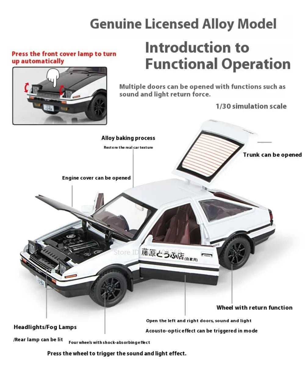 1:30 Scale Initial D AE86 Toy Car Model Alloy Body Rubber Tire Shock Absorption Pull Back Simulation Vehicles Boys Birthday Gift