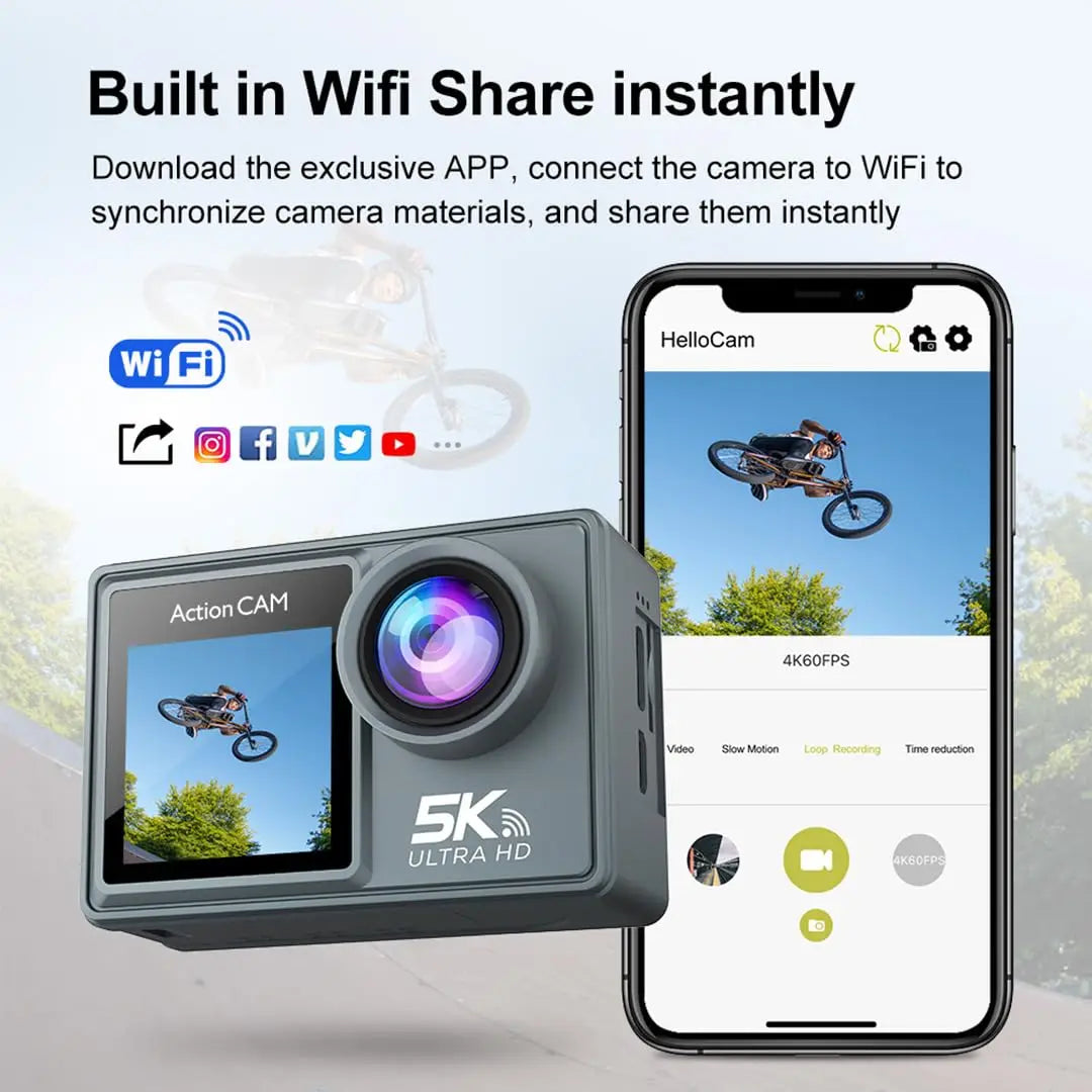 5K Action Camera Pro WiFi Waterproof Sports Camera with Remote Control EIS 1080P 60FPS for Bicycle Motorcycle Helmet